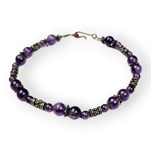 Genuine Amethyst Beaded Bracelet Antiqued Silver Tone Purple Minimalist 7.5"